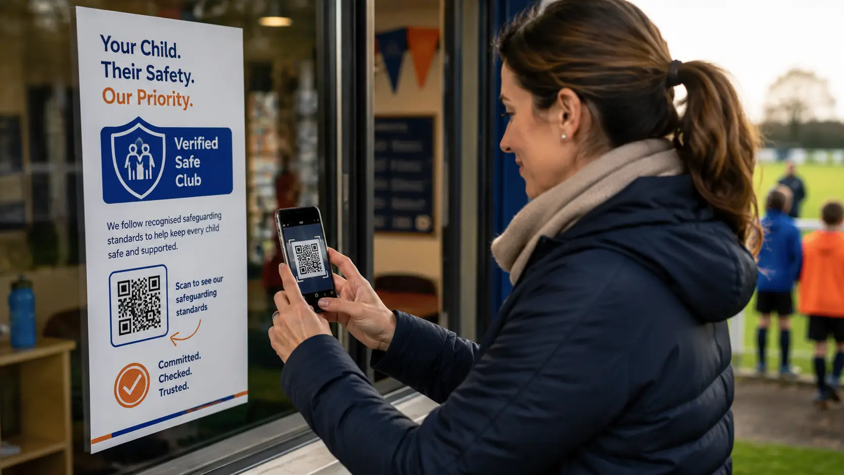 Starš s telefonom skenira kodo QR skrinjice zaupanja na plakatu kluba